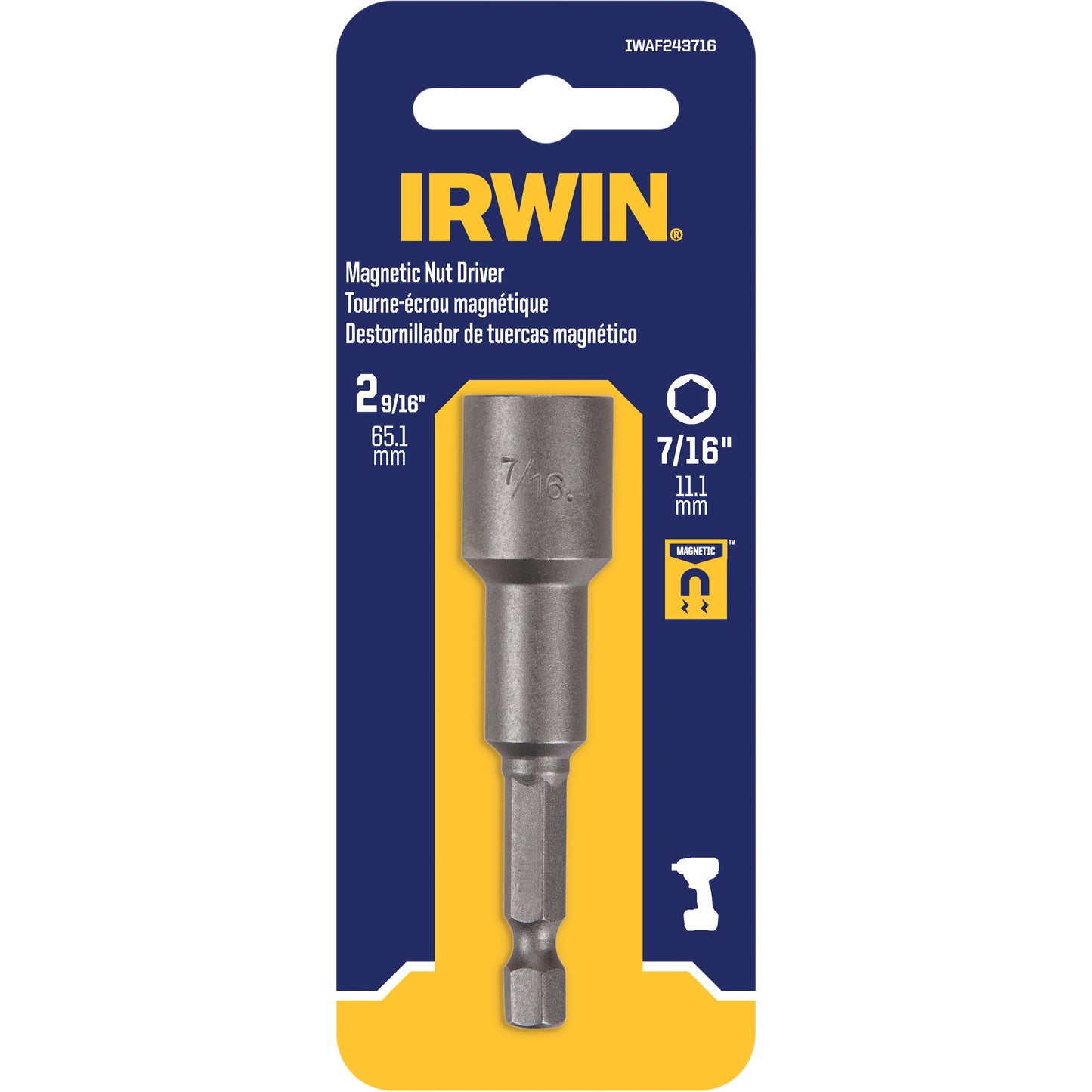 Nutsetter, 7/16" Tip, 1/4" Drive, 2-9/16" L, Magnetic