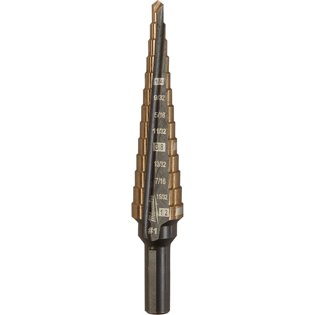 Step Drill Bit, 1/8"/#1 - 1/2"/#1 , 1/32" Increments, High Speed Cobalt