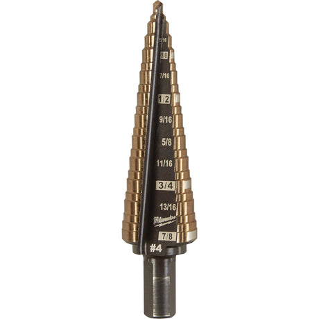 Step Drill Bit, 3/16"/#4 - 7/8"/#4 , 1/32" Increments, High Speed Cobalt