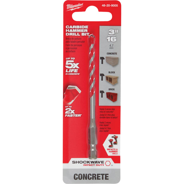 Shockwave™ Hammer Drill Bit, 3/16", Hex Shank, Carbide