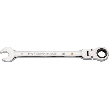 90-Tooth Flex Head Ratcheting Combination Wrench, 12 Point, 15 mm, Chrome Finish