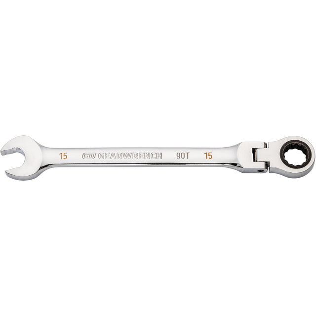 90-Tooth Flex Head Ratcheting Combination Wrench, 12 Point, 15 mm, Chrome Finish