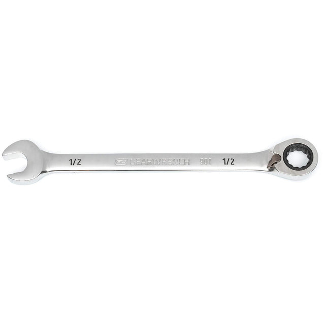 90-Tooth Reversible Ratcheting Wrench, 12 Point, 1/2", Chrome/Polished Finish
