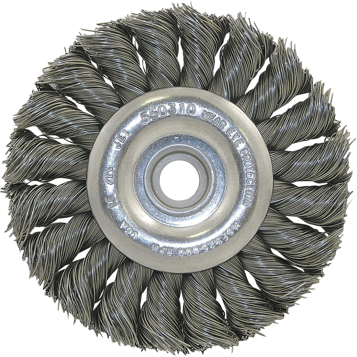 3K114 Unthreaded Knot Twisted Wire Wheel, 3-1/4" Dia., 0.014" Fill, 3/8"-1/2 Arbor