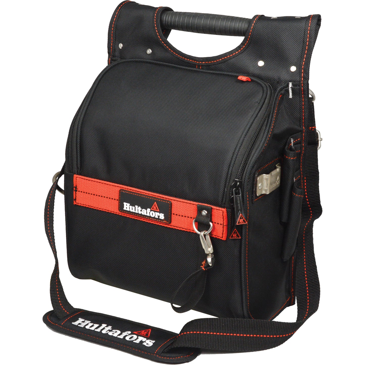 Zippered Professional Electrician's Tool Pouch, Ballistic Polyester, 19 Pockets, Black/Orange