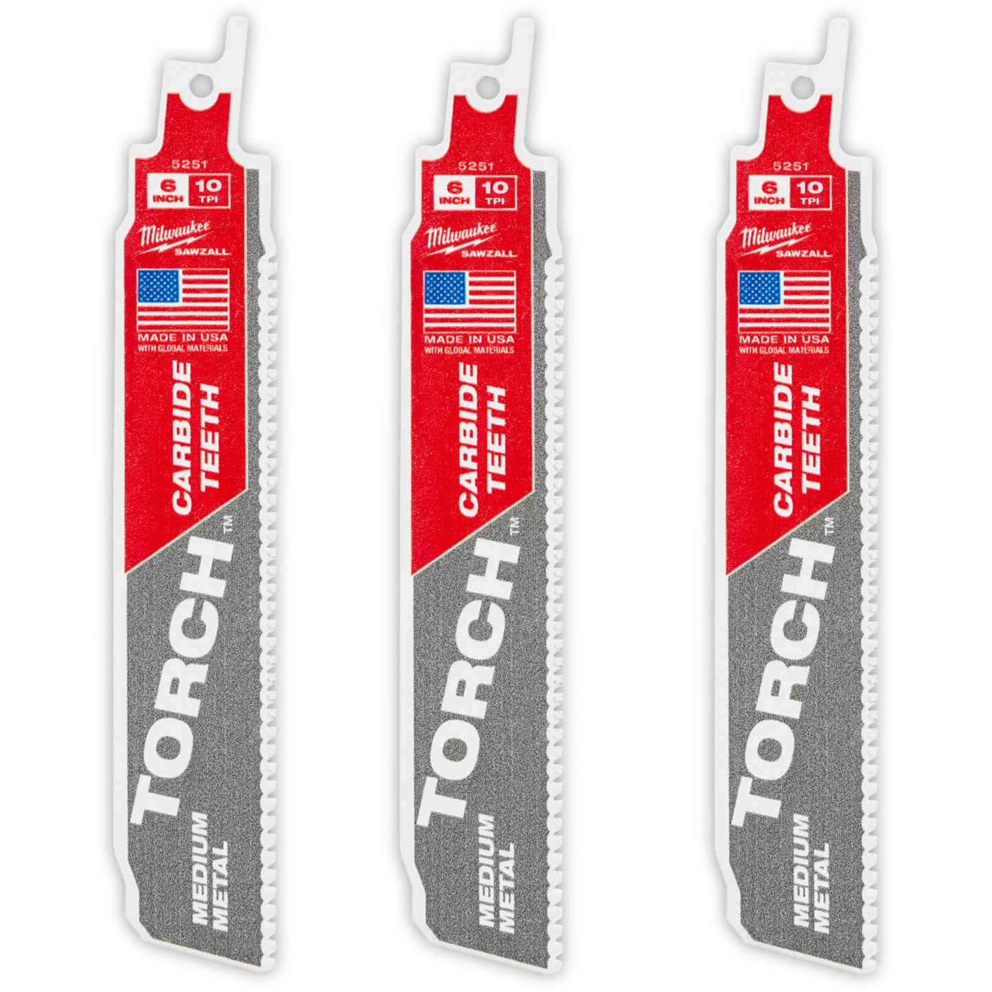 TORCH™ 3-Pack with Carbide Teeth for Medium Metal, Carbide, 10 TPI, 6" L x 1" W