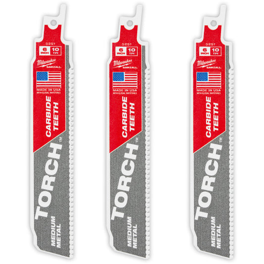 TORCH™ 3-Pack with Carbide Teeth for Medium Metal, Carbide, 10 TPI, 6" L x 1" W