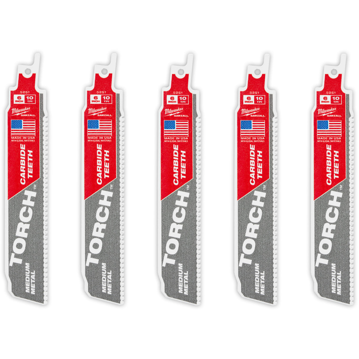 TORCH™ 5-Pack with Carbide Teeth for Medium Metal, Carbide, 10 TPI, 6" L x 1" W