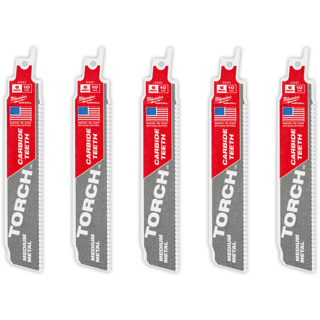 TORCH™ 5-Pack with Carbide Teeth for Medium Metal, Carbide, 10 TPI, 6" L x 1" W