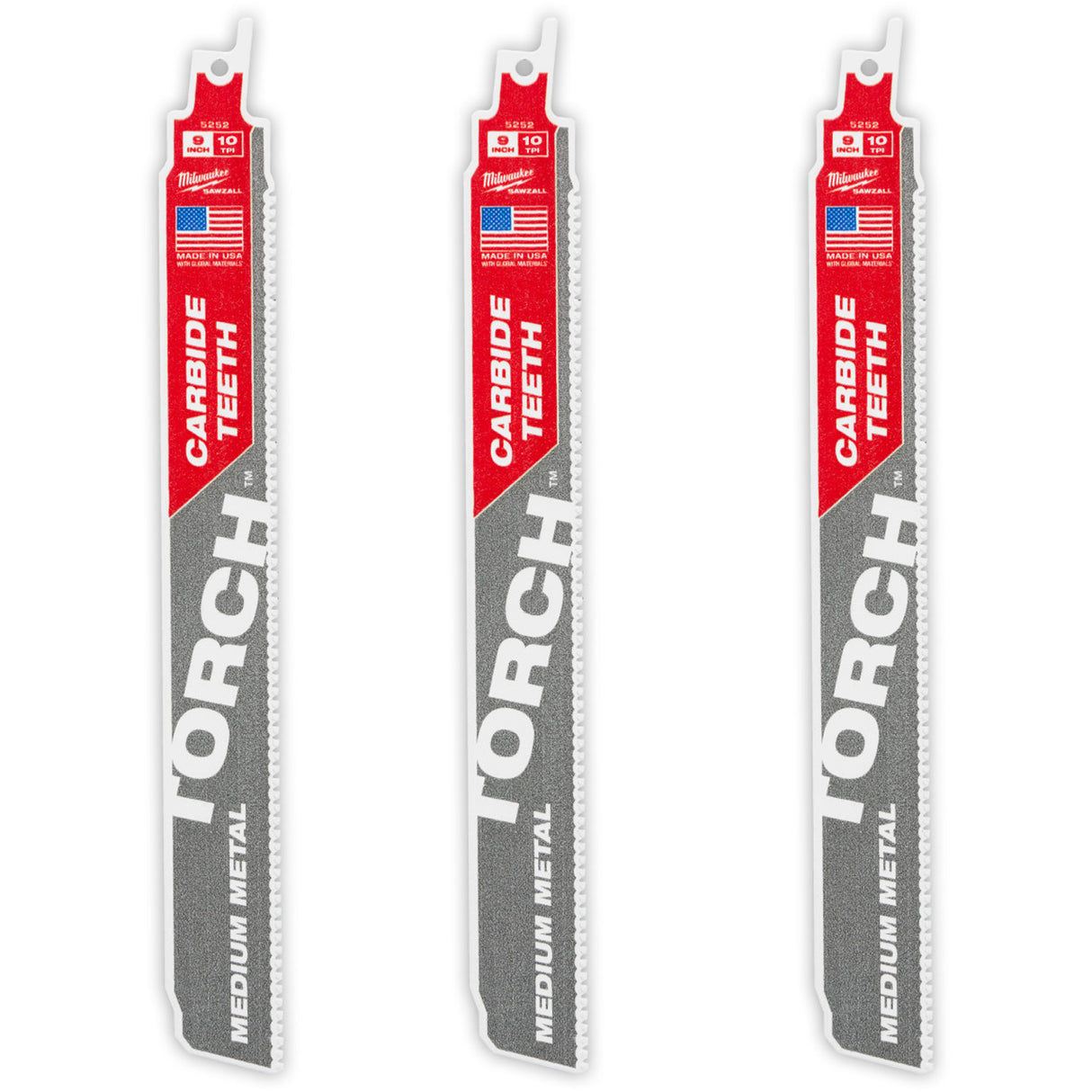 TORCH™ 3-Pack with Carbide Teeth for Medium Metal, Carbide, 10 TPI, 9" L x 1" W