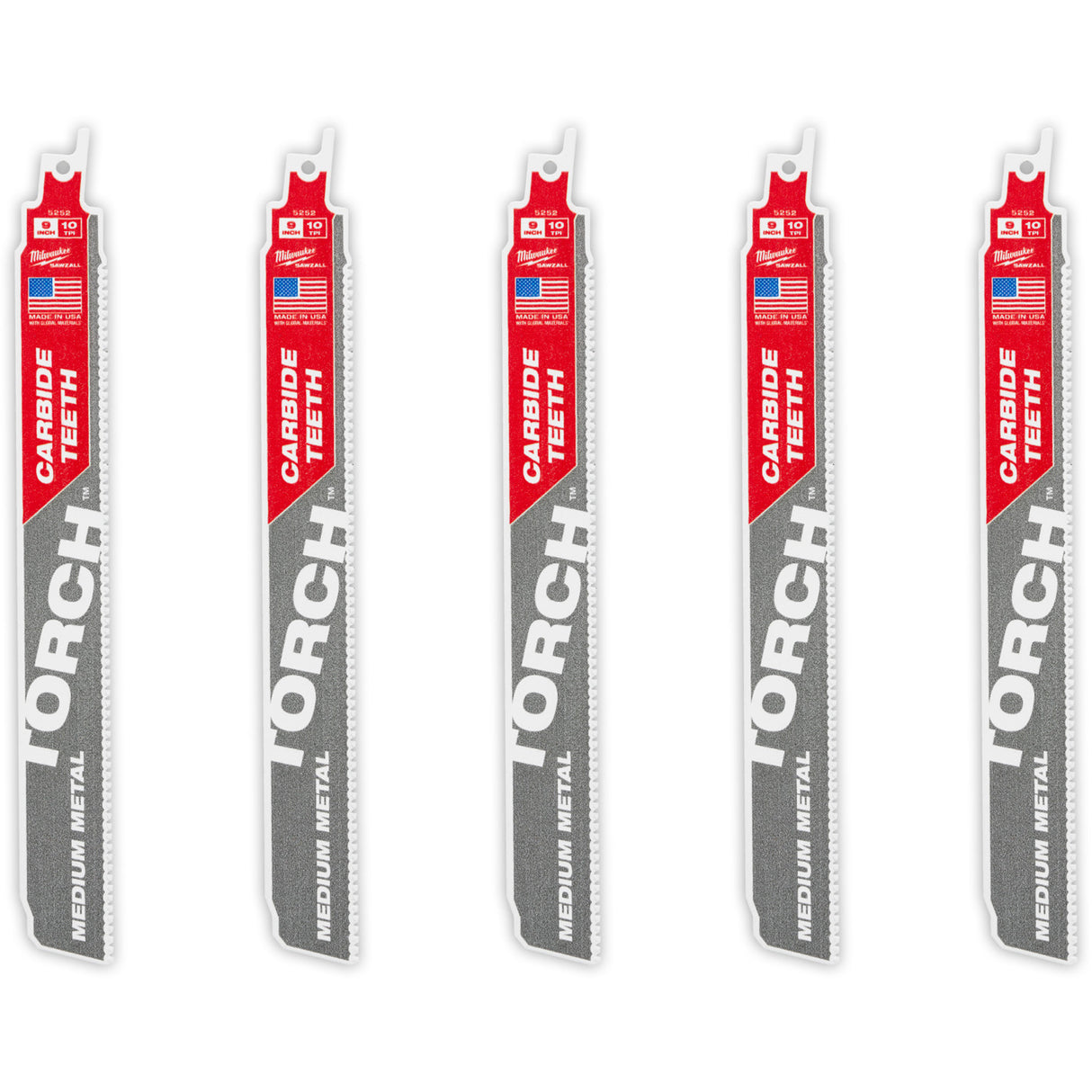 TORCH™ 5-Pack with Carbide Teeth for Medium Metal, Carbide, 10 TPI, 9" L x 1" W