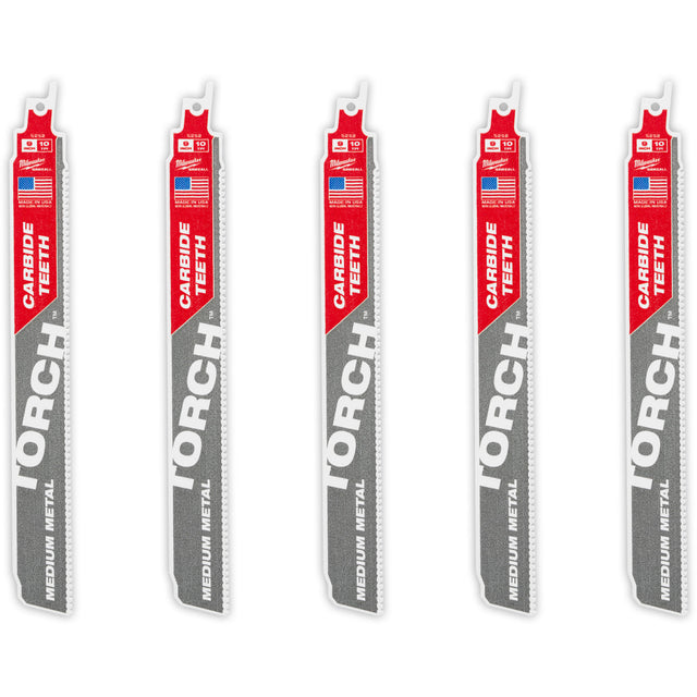 TORCH™ 5-Pack with Carbide Teeth for Medium Metal, Carbide, 10 TPI, 9" L x 1" W