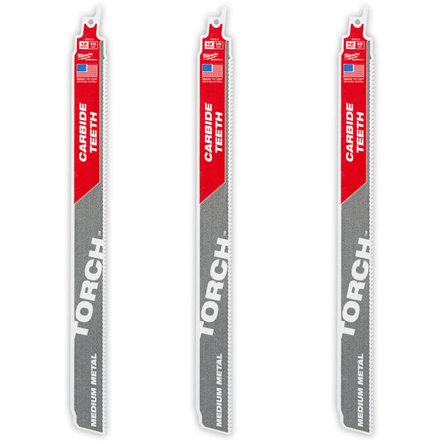 TORCH™ 3-Pack with Carbide Teeth for Medium Metal, Carbide, 10 TPI, 12" L x 1" W