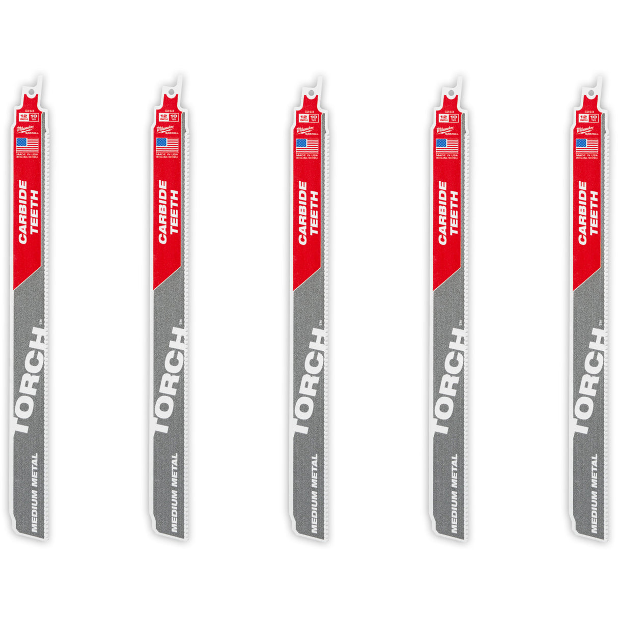 TORCH™ 5-Pack with Carbide Teeth for Medium Metal, Carbide, 10 TPI, 12" L x 1" W