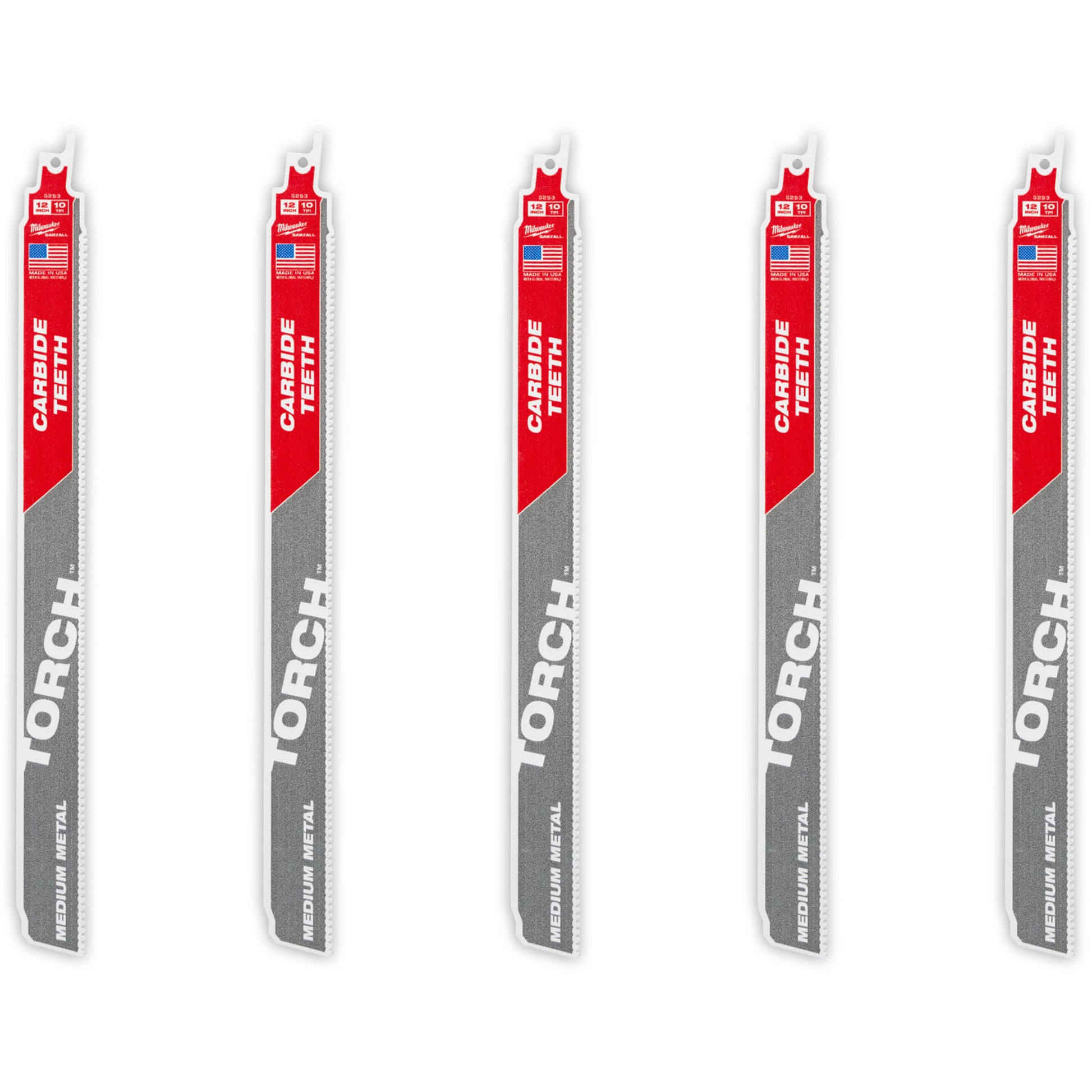 TORCH™ 5-Pack with Carbide Teeth for Medium Metal, Carbide, 10 TPI, 12" L x 1" W
