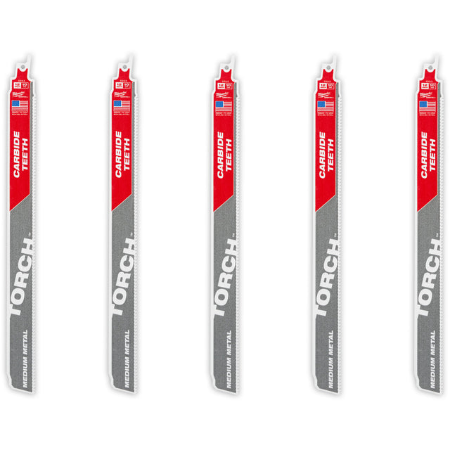 TORCH™ 5-Pack with Carbide Teeth for Medium Metal, Carbide, 10 TPI, 12" L x 1" W