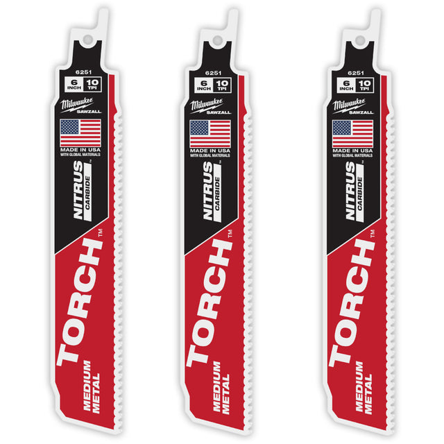 TORCH™ 3-Pack with NITRUS CARBIDE™ Teeth for Medium Metal, Carbide, 10 TPI, 6" L x 1" W