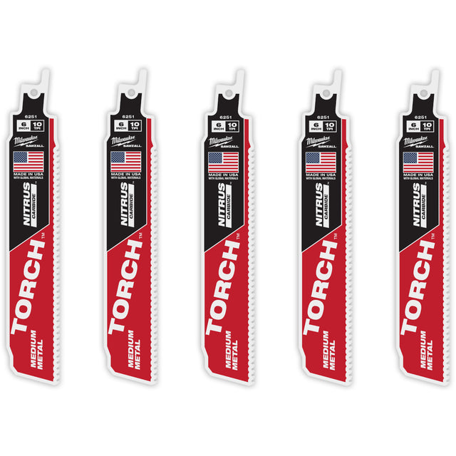 TORCH™ 5-Pack with NITRUS CARBIDE™ Teeth for Medium Metal, Carbide, 10 TPI, 6" L x 1" W