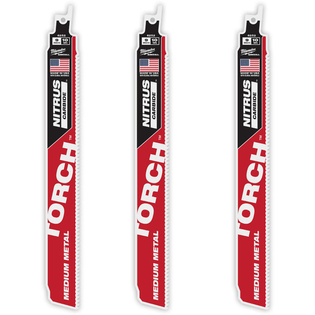 TORCH™ 3-Pack with NITRUS CARBIDE™ Teeth for Medium Metal, Carbide, 10 TPI, 9" L x 1" W