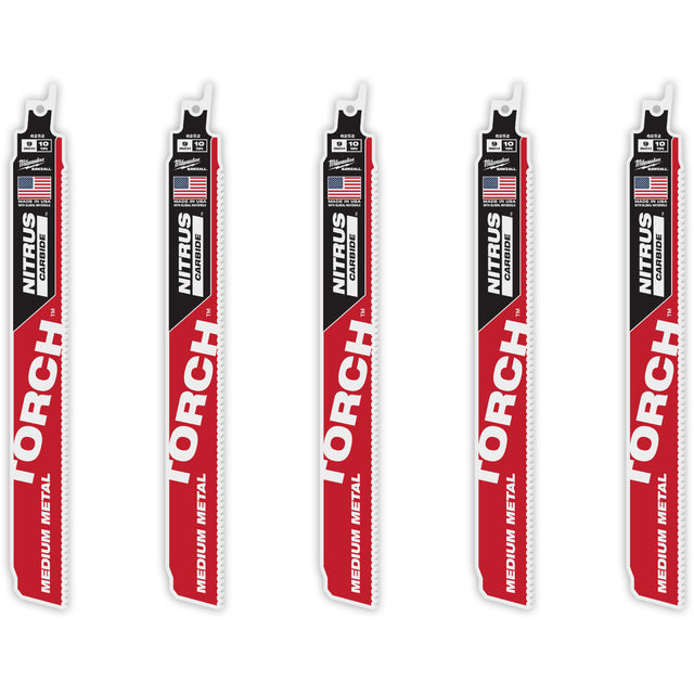 TORCH™ 5-Pack with NITRUS CARBIDE™ Teeth for Medium Metal, Carbide, 10 TPI, 9" L x 1" W