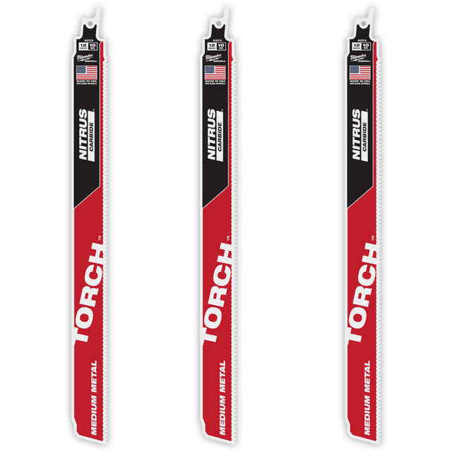 TORCH™ 3-Pack with NITRUS CARBIDE™ Teeth for Medium Metal, Carbide, 10 TPI, 12" L x 1" W