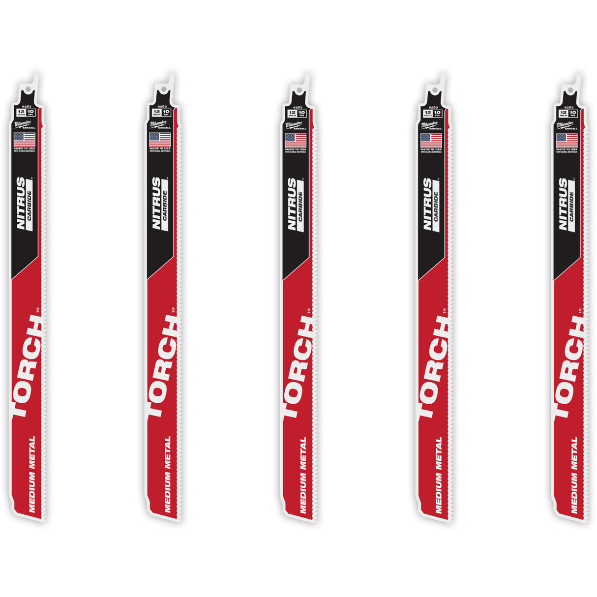 TORCH™ 5-Pack with NITRUS CARBIDE™ Teeth for Medium Metal, Carbide, 10 TPI, 12" L x 1" W