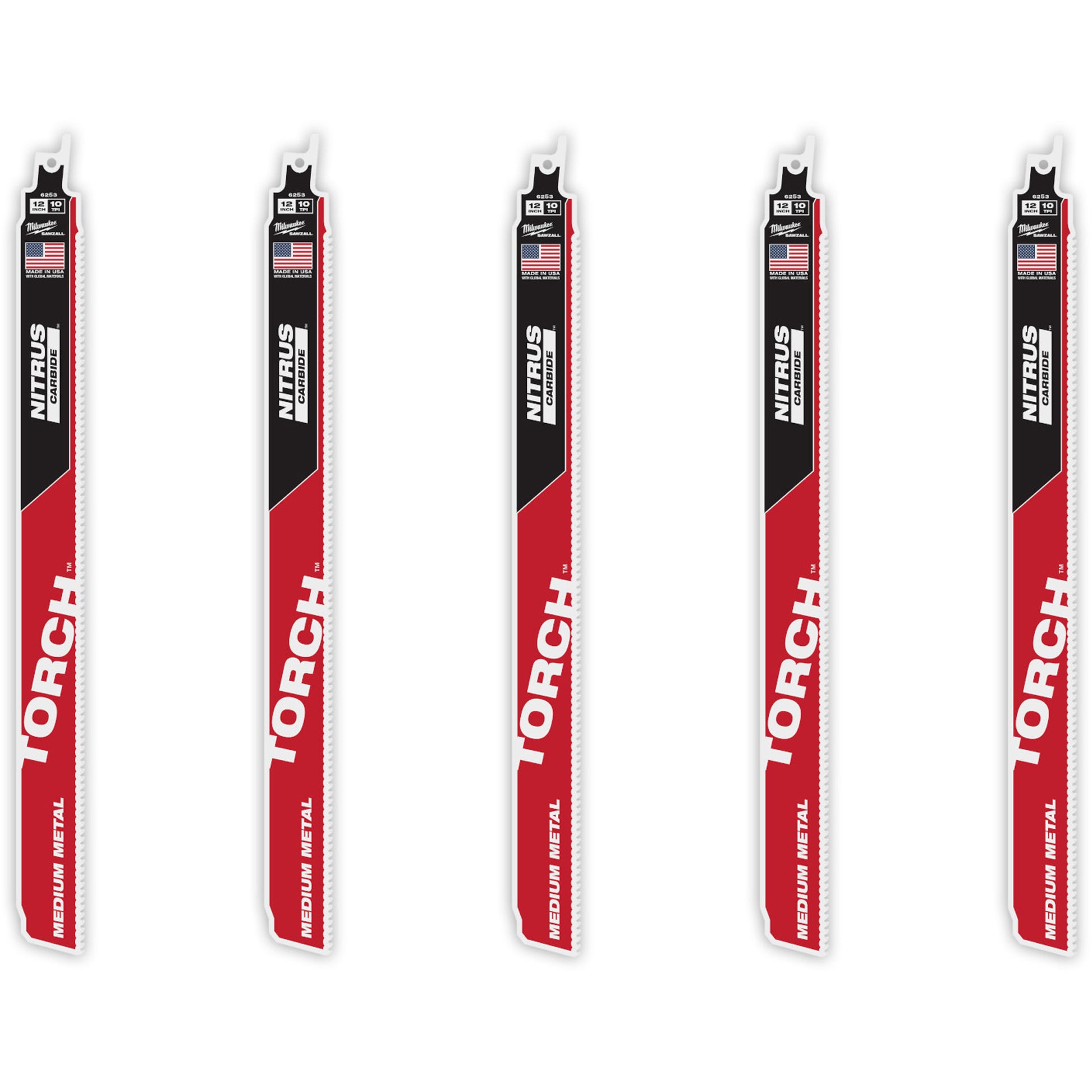 TORCH™ 5-Pack with NITRUS CARBIDE™ Teeth for Medium Metal, Carbide, 10 TPI, 12" L x 1" W