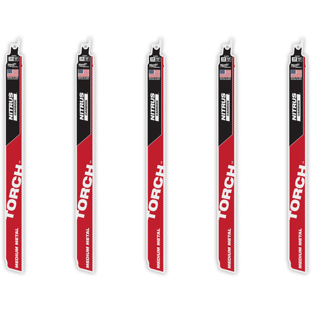 TORCH™ 5-Pack with NITRUS CARBIDE™ Teeth for Medium Metal, Carbide, 10 TPI, 12" L x 1" W