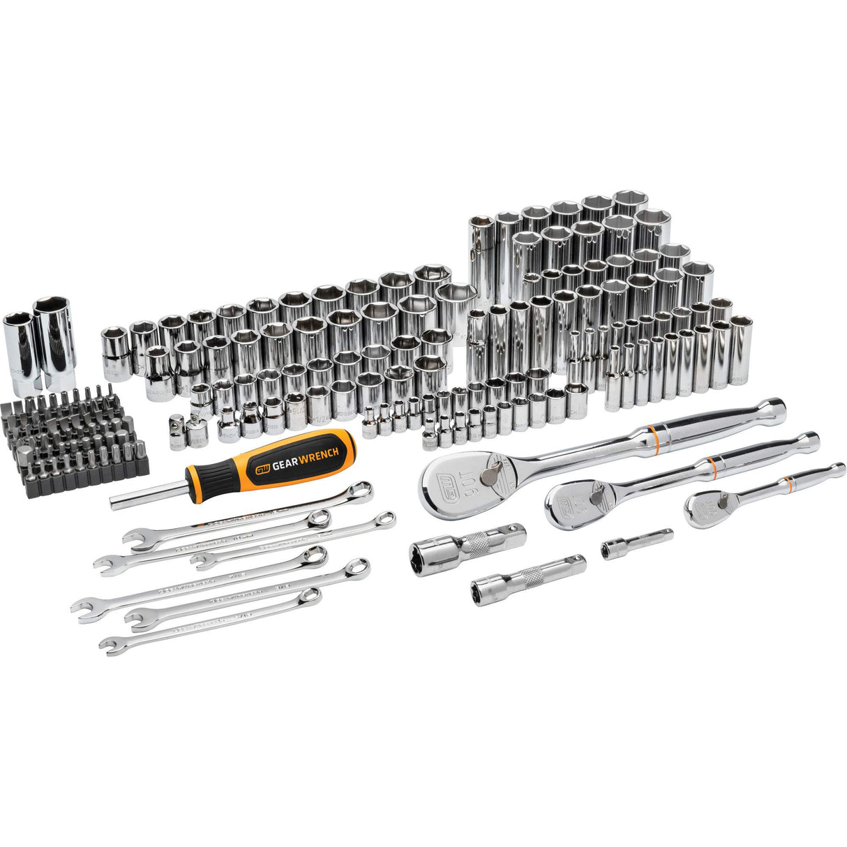 1/4", 3/8”, & 1/2" Drive 90T SAE/MM Mechanics Hand Tool Set, 185 Pieces