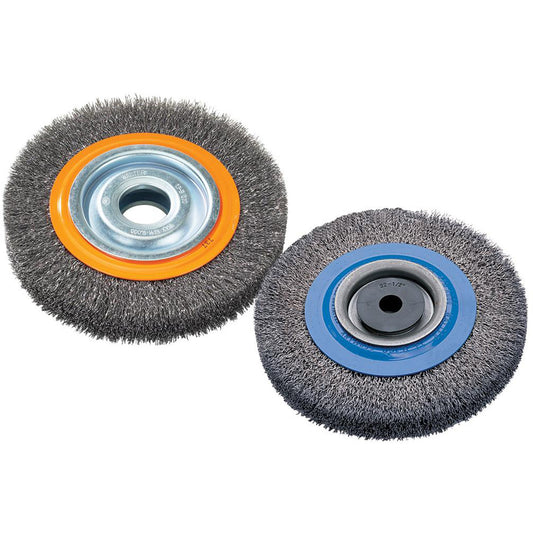 Crimped Wire Bench Wheel Brush, 7" Dia., 0.0118" Fill, 1/2" - 1/4" Arbor