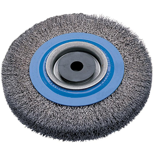 Crimped Wire Bench Wheel Brush, 8" Dia., 0.0118" Fill, 1/2" - 1/4" Arbor