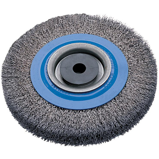 Crimped Wire Bench Wheel Brush, 8" Dia., 0.0118" Fill, 5/8" - 1-1/4" Arbor