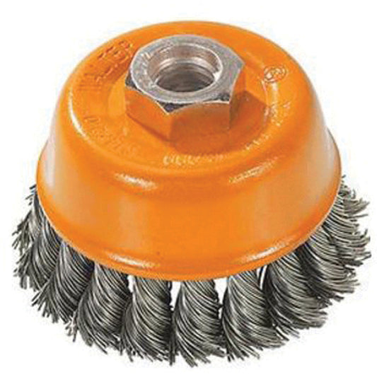 Knot-Twisted Wire Cup Brush, 3" Dia. x M10x1.25 Arbor