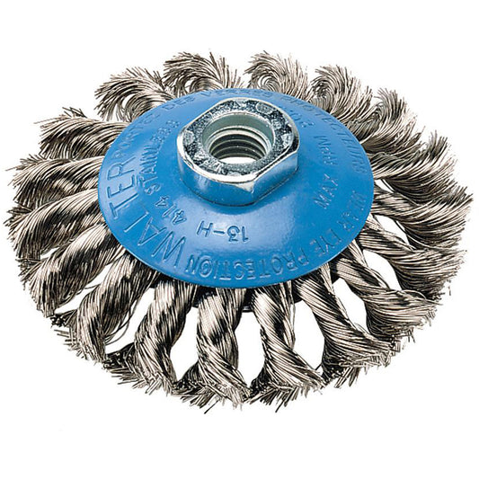 Knot-Twisted Saucer Cup Wire Wheel, 7" Dia., 0.02" Fill, 5/8"-11 Arbor, Aluminum/Stainless Steel