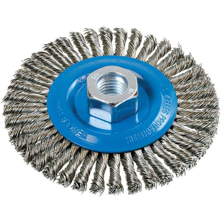 Stringer Bead Knotted Wire Brush, 4-1/2" Dia., 0.02" Fill, 5/8"-11 Arbor, Aluminum/Stainless Steel