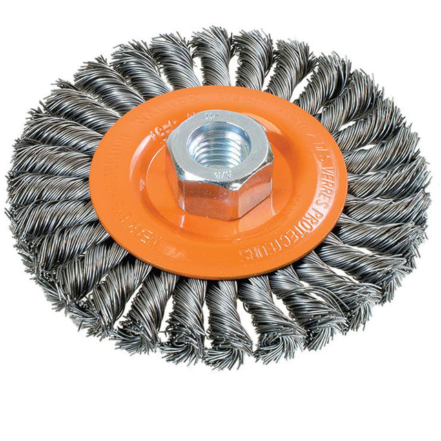 Wide Knotted Wire Wheel Brush, 4-1/2" Dia., 0.02" Fill, 5/8"-11 Arbor, Steel