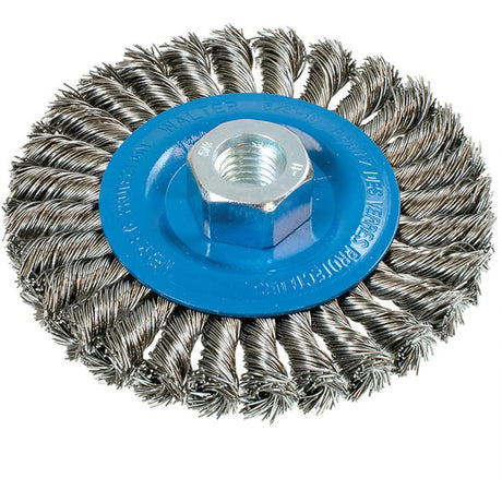 Wide Knotted Wire Wheel Brush, 4-1/2" Dia., 0.02" Fill, 5/8"-11 Arbor, Aluminum/Stainless Steel
