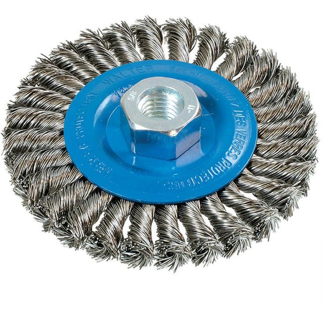 Wide Knotted Wire Wheel Brush, 4-1/2" Dia., 0.02" Fill, 5/8"-11 Arbor, Aluminum/Stainless Steel