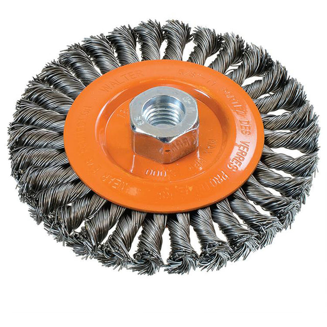 Wide Knotted Wire Wheel Brush, 5" Dia., 0.02" Fill, 5/8"-11 Arbor, Steel