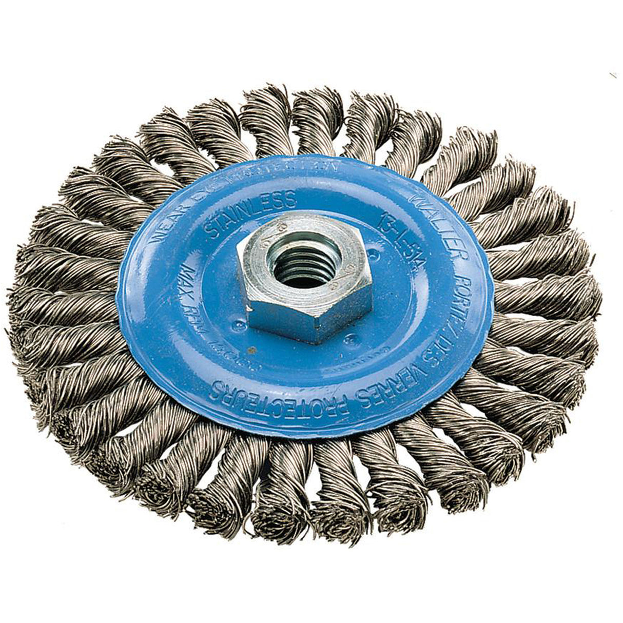 Wide Knotted Wire Wheel Brush, 5" Dia., 0.02" Fill, 5/8"-11 Arbor, Aluminum/Stainless Steel