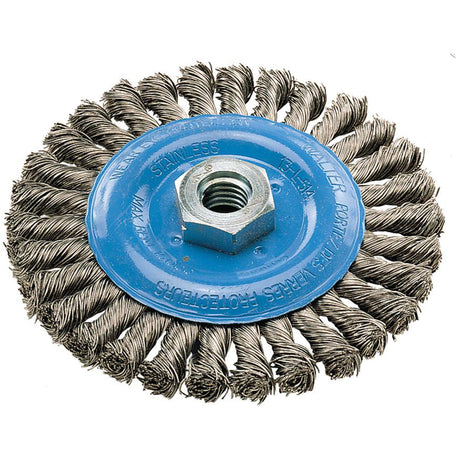 Wide Knotted Wire Wheel Brush, 5" Dia., 0.02" Fill, 5/8"-11 Arbor, Aluminum/Stainless Steel