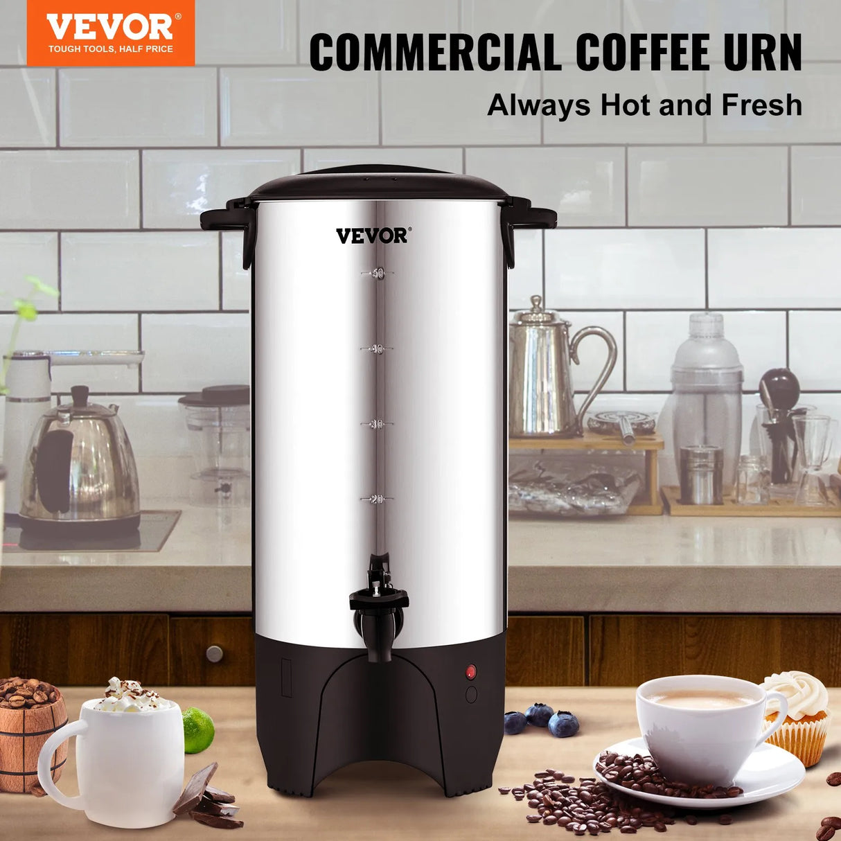 VEVOR Commercial Coffee Urn, 50 Cups Stainless Steel Large Coffee Dispenser, 1000W 110V Electric Coffee Maker Urn For Quick Brewing, Hot Water Urn with Detachable Power Cord for Easy Cleaning, Silver VEVOR