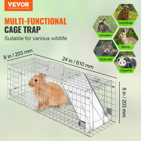 VEVOR Live Animal Cage Trap, 24" x 8" x 8" Humane Cat Trap Galvanized Iron, Folding Animal Trap with Handle for Rabbits, Stray Cats, Squirrels, Raccoons, Groundhogs and Opossums VEVOR