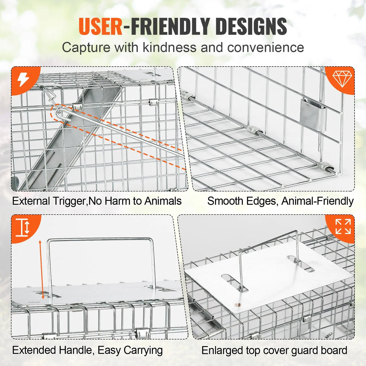VEVOR Live Animal Cage Trap, 24" x 8" x 8" Humane Cat Trap Galvanized Iron, Folding Animal Trap with Handle for Rabbits, Stray Cats, Squirrels, Raccoons, Groundhogs and Opossums VEVOR