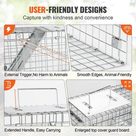 VEVOR Live Animal Cage Trap, 24" x 8" x 8" Humane Cat Trap Galvanized Iron, Folding Animal Trap with Handle for Rabbits, Stray Cats, Squirrels, Raccoons, Groundhogs and Opossums VEVOR