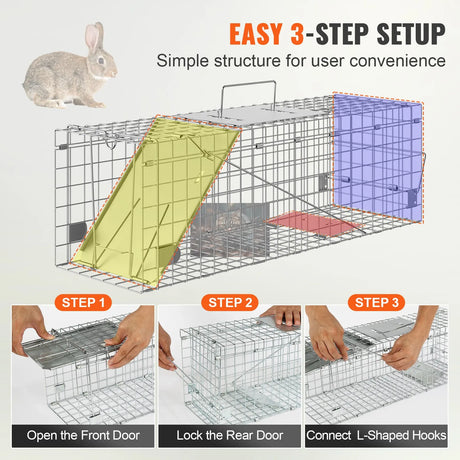 VEVOR Live Animal Cage Trap, 24" x 8" x 8" Humane Cat Trap Galvanized Iron, Folding Animal Trap with Handle for Rabbits, Stray Cats, Squirrels, Raccoons, Groundhogs and Opossums VEVOR