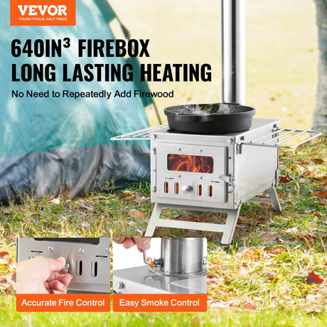 VEVOR Wood Stove, 80 inch, Stainless Steel Camping Tent Stove, Portable Wood Burning Stove with Chimney Pipes & Gloves, 700in³Firebox Hot Tent Stove for Outdoor Cooking and Heating with 8 Pipes VEVOR