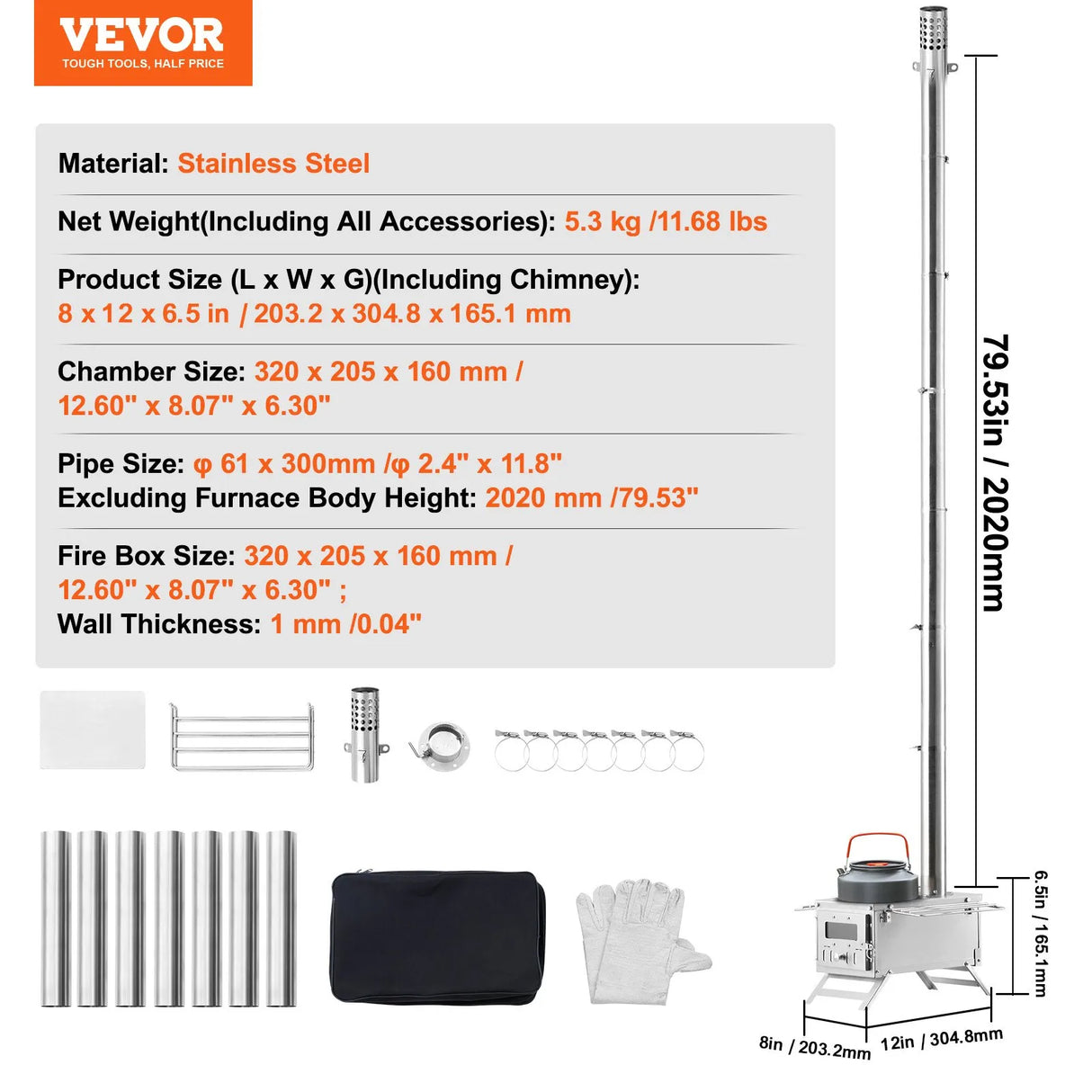 VEVOR Wood Stove, 80 inch, Stainless Steel Camping Tent Stove, Portable Wood Burning Stove with Chimney Pipes & Gloves, 700in³Firebox Hot Tent Stove for Outdoor Cooking and Heating with 8 Pipes VEVOR