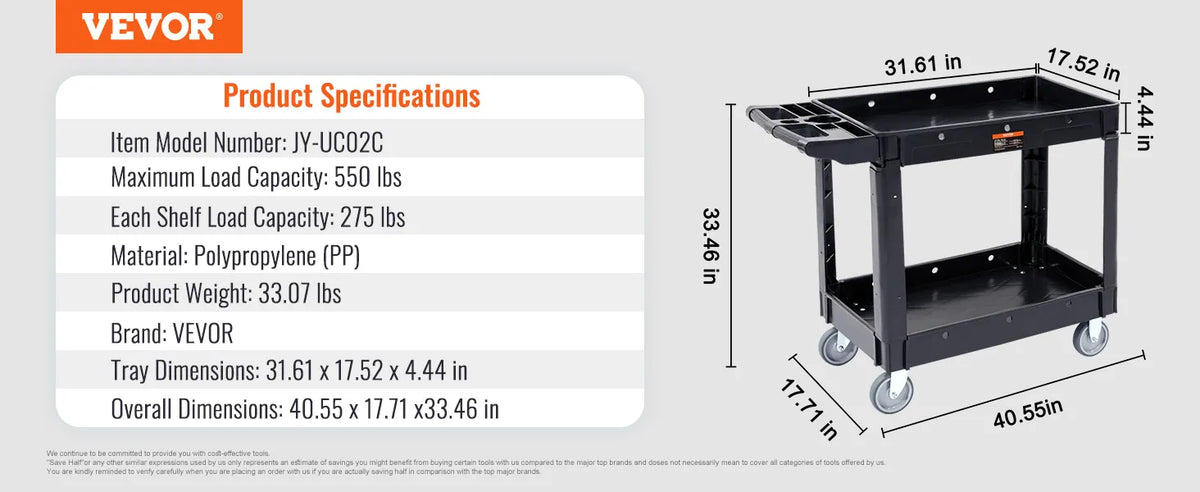 VEVOR Utility Service Cart, 2 Shelf 550LBS Heavy Duty Plastic Rolling Utility Cart with Swivel Wheels, Medium Lipped Shelf, Ergonomic Storage Handle for Warehouse/Garage/Cleaning/Office extra image