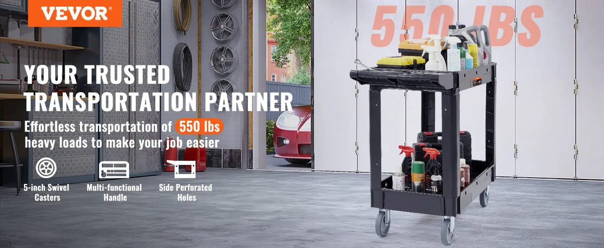 VEVOR Utility Service Cart, 2 Shelf 550LBS Heavy Duty Plastic Rolling Utility Cart with Swivel Wheels, Medium Lipped Shelf, Ergonomic Storage Handle for Warehouse/Garage/Cleaning/Office extra image